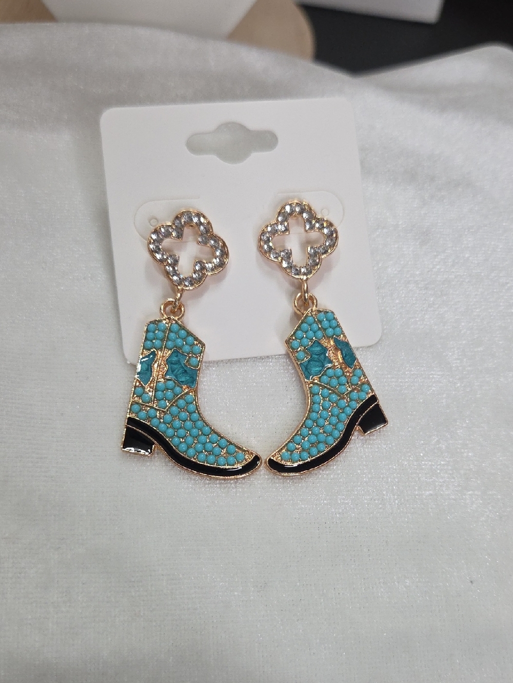 Ladies Turquoise Blue Cowboy Boots Rhinestone Clover Fashion Earrings NEW